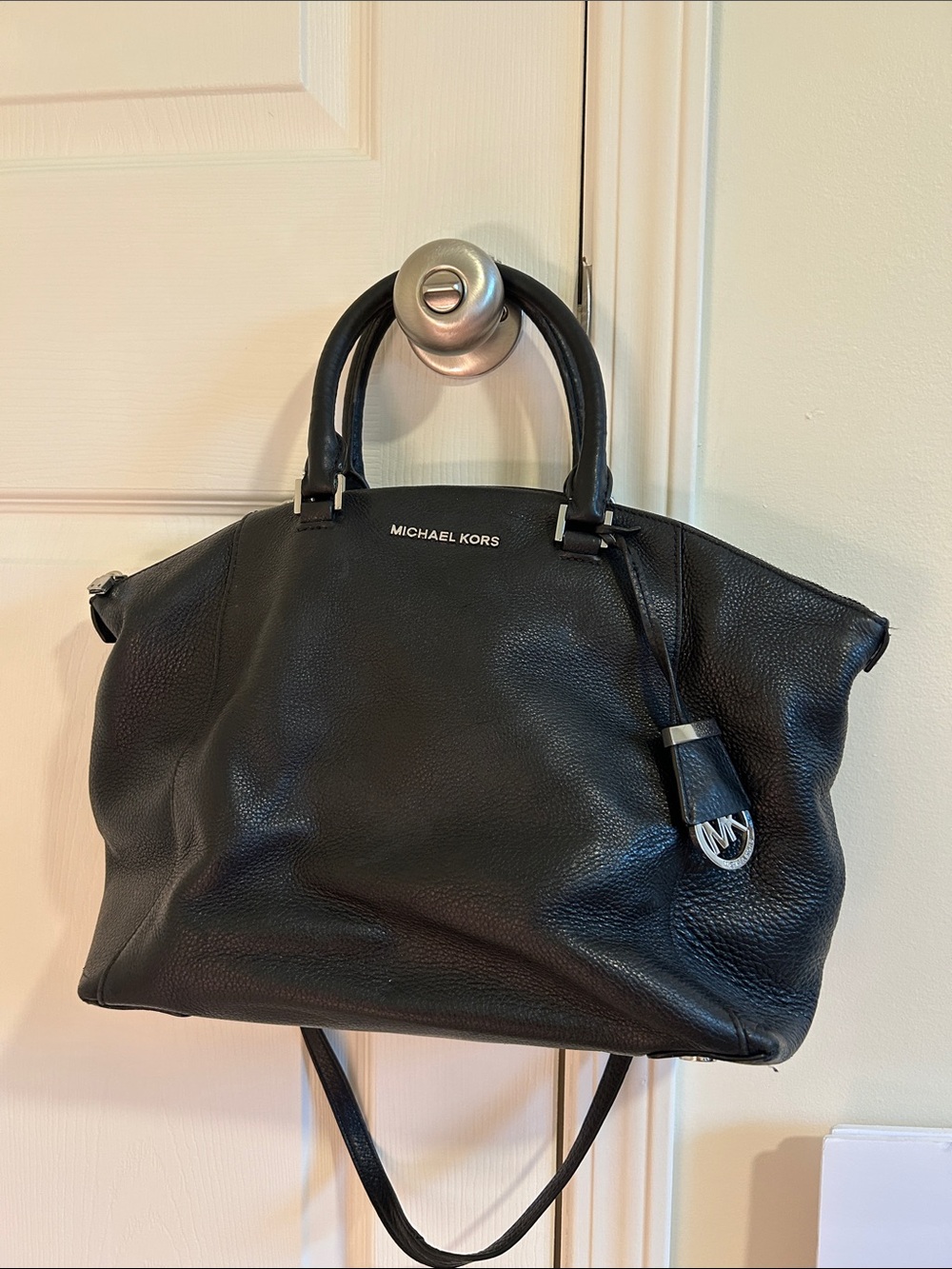 Michael Kors Black Pebbled Leather Satchel with MK Charm